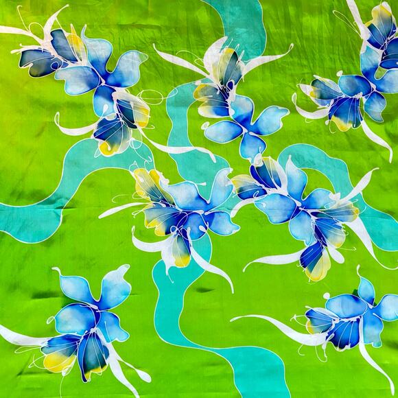 Silky scarf brilliant green & blue floral large square mod art-to-wear vintage - Picture 3 of 8